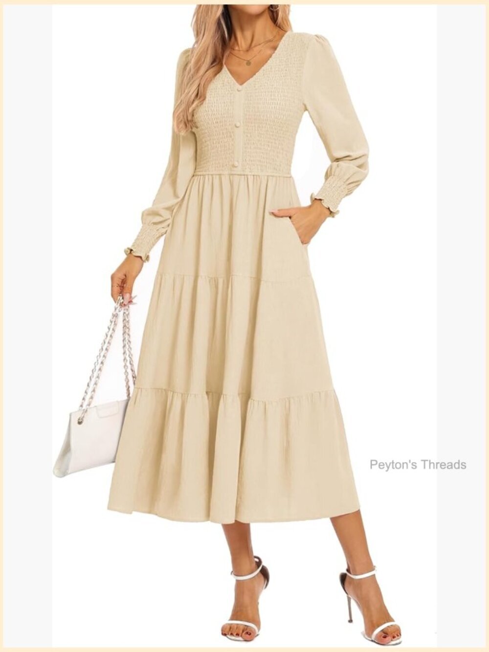 Long Sleeve Smocked A-Line Maxi Dress with Pockets
